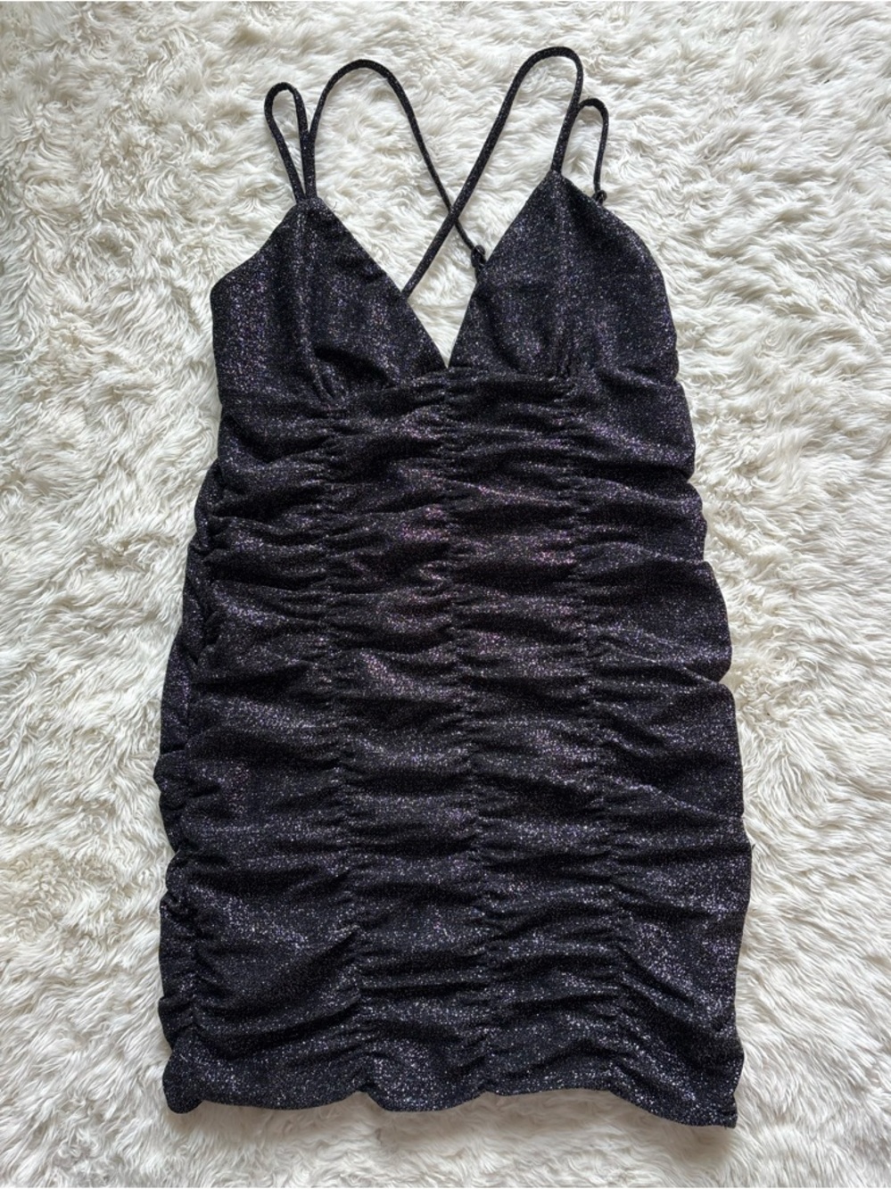 wild fable Black Glitter Ruched V-Neck Mini Dress